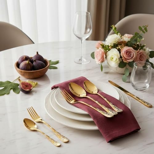 Image of 10 Pcs Gold Floaral Stainless Steel Cutlery Set for Dining Table with Spoons and Forks Set + Butterknives - The Perfect Tableware /Flatware