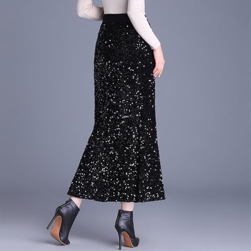 Women's Sequin Skirt Elastic High Waist Ruffled Hem Night Out Party Bodycon Flare Midi Skirt Trendy Fashion Outfit4