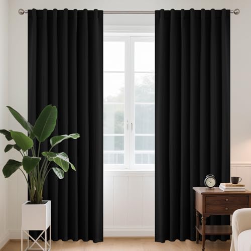 Joydeco Schlaufen Verdeckten Vorhänge 2er Set,H 210 x B 132 Schwarz Verdunkelung Blickdicht Lange Vorhang Stangendurchzug Gardinen Thermovorhang Blackout Curtains Schlafzimmer Wohnzimmer