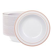 WDF 60pcs Disposable Plastic Bowls-12 oz Soup Bowls - Rose Gold Trim Salad Bowls - Premium Heavy Duty Plastic Plates for Wedding & Parties