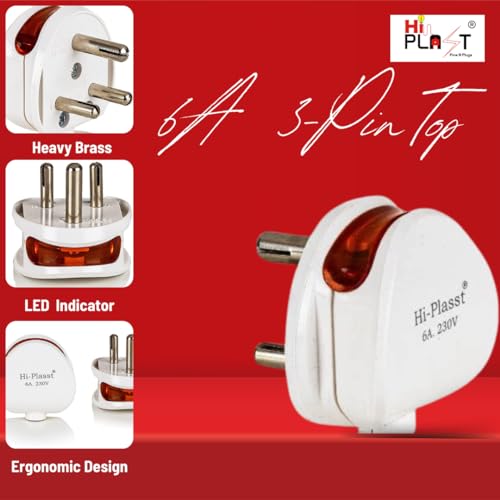 Image of HI-PLASST (Pack of 1) 6a 3 Pin Plug top 240v with Led Indicator for products like LED Tv,Music system,Computer,Printer,ETC.