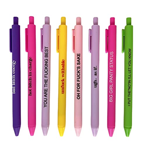 Jxueych 8 Pack Funny Colorful Retractable Gel Pens, 0.5mm Black Ink Fine Point Quick Drying for Smooth Writing, Motivational Pens Gag Gift for Coworkers Office Supplies (G)