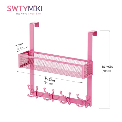 SWTYMIKI Over The Door Hook with 16 Hooks & Mesh Baskets - Heavy Duty Over The Door Organizer Hanger for Towels, Coats, Clothes - Space Saving Hanging Rack for Bathroom, Living Room, Pink thumbnail 3