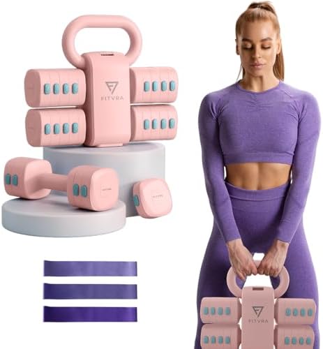 FITVRA Mancuernas Ajustables 2 en 1 para Mujer - Kit de Pesas Regulables de 1 a 6 kg + Kettlebell de 2,5 a 6,5 kg + 3 Bandas elásticas - Gimnasio en Casa - Fitness