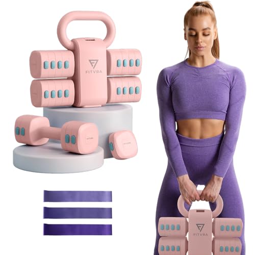 FITVRA Mancuernas Ajustables 2 en 1 para Mujer - Kit de Pesas Regulables de 1 a 6 kg + Kettlebell de 2,5 a 6,5 kg + 3 Bandas elásticas - Gimnasio en Casa - Fitness
