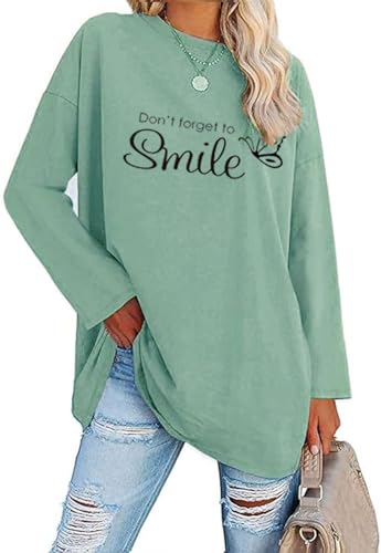 Teesho Damen Langarmshirt Oversize | 100% Baumwolle | Bedrucktes Longshirt als Pullover | Loses Oberteil für Casual Style | Tunika-Look (Hellgrün/L)