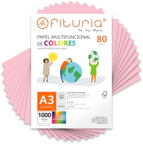 OFITURIA Buntes Papier, 1000 Blatt A3 80g – Farbiges Papier für Basteln, Drucker, Scrapbooking – Farbbögen (Hellrosa, 1000 Blatt)