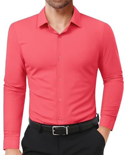 Lion Nardo Slim Fit Dress Shirts for Men Stretch Muscle Fit Long Sleeve Dress Shirts Wrinkle Free Formal Button Down Shirts Watermelon Red