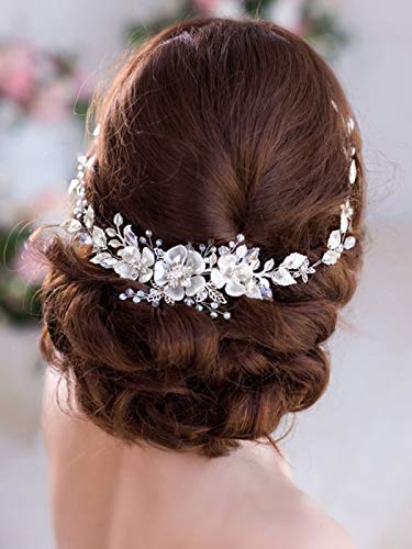Barogirl Silver Wedding Flower Hair Vine Pearl Bride Bridal Headbands Crystal Hair Accessories for Women
