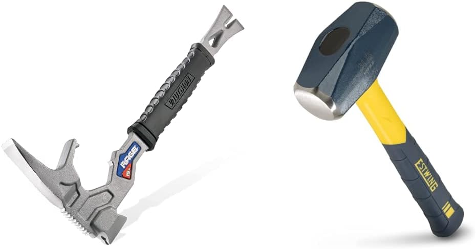 Vaughan 15 Inch Multi-Function Demolition Tool, Hammer, Nail Puller, Multi-Use, Heavy Duty Construction, DIY Hand Tools - Blue 050042 and ESTWING Sure Strike Drilling/Crack Hammer - 3-Pound Sledge with Fiberglass Handle & No-Slip Cushion Grip - MRF3LB,Blue/Yellow