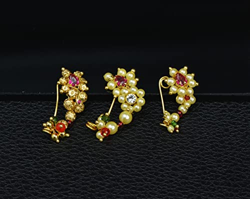 Image of Medium Size Traditional Maharashtrian Banu Nath Nose ring without piercing Pearl Gold Plated Nath Combo Clip On Nose Ring For Women