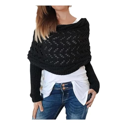 Multifunctional Scarf with Sleeves, Women Knitted Cable Wrap with Sleeves, Crochet Scarf Sweater Wrap (Black, One Size)