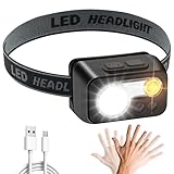 Stirnlampe Wiederaufladbar, Superhelle Camping LED-Stirnlampe mit 3 Modi und Sensorsteuerung, Wasserdichte IPX4-Stirnlampen f&uuml;r Erwachsene und Kinder, Leichte Kopflampe zum Gassigehen, Laufen, Angeln