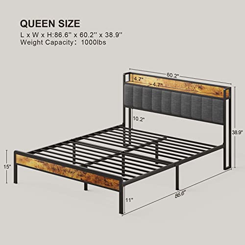 Gizoon Queen Bed Frame With Storage Headboard, Metal Platform Bed Frame Strong Steel Slats Support Mattress Foundation, Large Under Storage, No Noise (Dark Grey) #TOP1