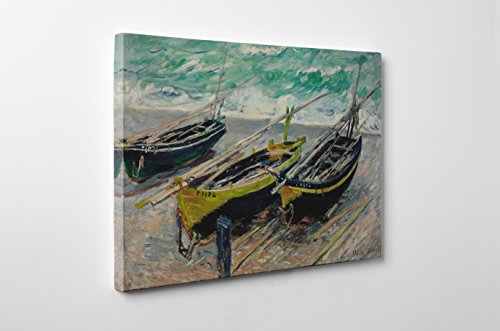 Niwo ART - Three Fishing Boats, by Claude Monet - Oil painting Reproductions - Giclee Canvas Prints Wall Art for Home Decor, Stretched and Framed Ready to Hang (20"x16"x3/4")