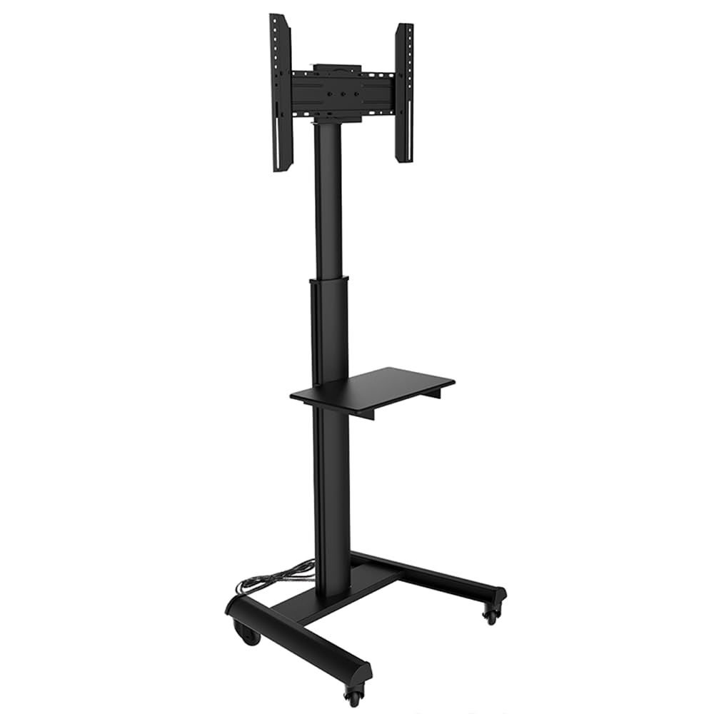Proton 500 Supporto TV mobile con ripiano, prese di corrente, porte USB, altezza 211 cm, formato verticale orizzontale 32-75 pollici, 40 kg nero
