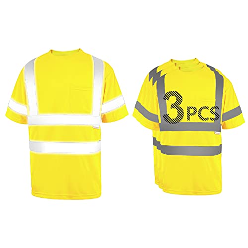 Pomerol High-Visibility Reflective Safety Shirt 3 Packs Breathable Yellow Unisex Short Sleeve Safety T-Shirt with Hi-Vis Strip Front Packet for Work Cycling Runner Volunteer Guard Construction