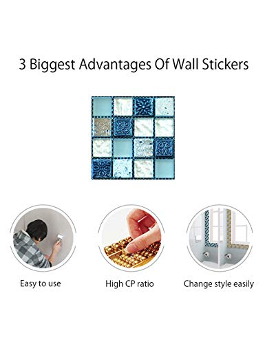 FBBULES 20PCS Fliesenaufkleber PVC, Fliesen Klebefolie Selbstklebend Wasserdicht Fliesensticker für Küche Badezimmer Fliesendekor Wandaufkleber Mosaikstil Blau (10x10 cm/4x4 Zoll)