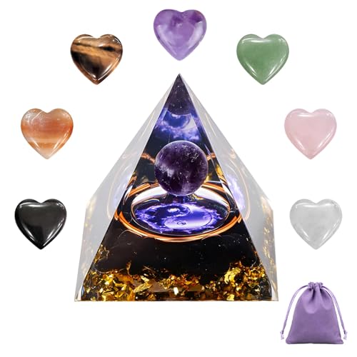 DALAETUS 9 Piezas Pirámide De Cristal De Orgones Para Energía, Chakra, Meditación, Coloridas Piedras En Forma De Corazón Para Yoga Del Hogar, Natural Cristal Pirámide Para Decoración