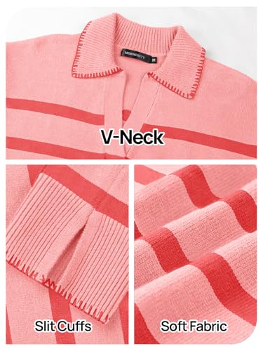 Image of MEROKEETY Women's 2024 Fall Oversized Striped Sweater Collared V Neck Long Sleeve Trendy Knit Pullover Tops