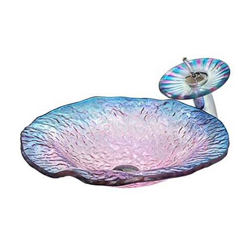 HADECOLL Lavabos De Baño De Estilo Cuenco, De Vidrio Templado Transparente Rosa con Forma De Hoja De Loto, De Encimera, con Grifo.