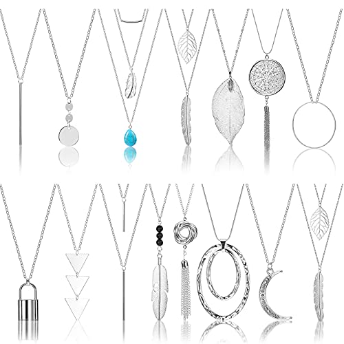 Hicarer 15 Pieces Long Pendant Necklace Set Silver Sweater Necklace Silver Plated Moon Tassel Lock Shape Sweater Punk Chain Choker Necklace for Women Men (Stylish Style)