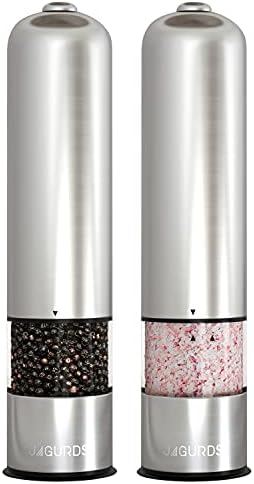 Electric Salt and Pepper Grinder Set - Automatic, Refillable, Battery Operated Stainless Steel Spice Mills with Light - One Handed Push Button Peppercorn Grinders and Sea Salt Mills