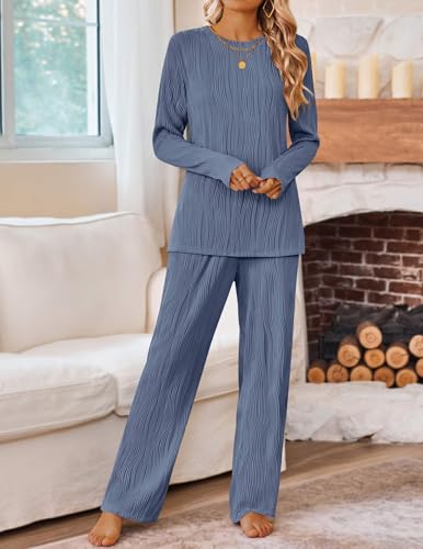 HAEOF Women's Fall 2 Piece Textured Sets Trendy Loungewear Soft Long Sleeve Tunic Tops Wide Leg Pants Matching Pajama Set2