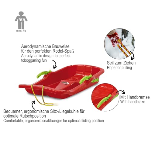 Snow Play Bob Karol mit Bremse 80cm- Lenkung durch Ziehen der jeweiligen Handbremse, Seil zum Ziehen, aerodynamische Bauweise, ergonomische Sitz, robuster Kunststoff, 1KG