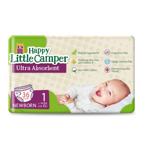 Happy Little Camper Ultra-Absorbent Hypoallergenic Natural Disposable Baby Diapers, Chlorine-Free Protection for Sensitive Skin, Newborn, Size 1, 36 Count