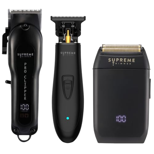 Supreme Trimmer 3-in-1 Barber Bundle | Pro Clipper, T-Shaper Trimmer & Crunch Foil Shaver | Professional Beard Trimmer Men’s Hair Clipper Kit | Black