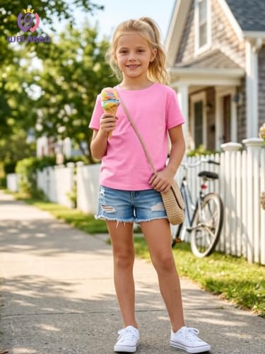 Image of WELAKEN Girls Soft T-Shirt with Curved Hem, Breathable Stretchy Rayon Crewneck Short Sleeve Tees, Kids Everyday Basic Top