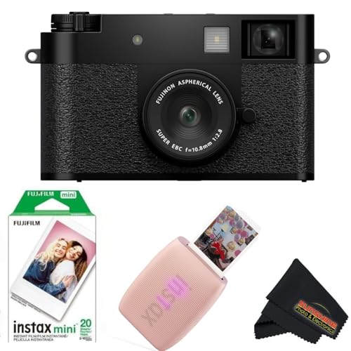Image of FUJIFILM X Half Digital Camera with Fujifilm Instax Mini Link 3 Smartphone Printer and Sunshine Microfiber Cleaning Cloth... (Black, Rose Pink Printer + 20 Sheets)