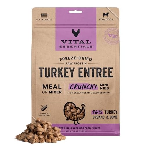 Vital Essentials Freeze Dried Dog Food, Raw Turkey Crunchy Mini Nibs | Complete Meal or Topper | 96% Turkey, Organs & Bone | Limited Ingredient, High Protein, Grain Free Dry Dog Food | 14 oz Bag