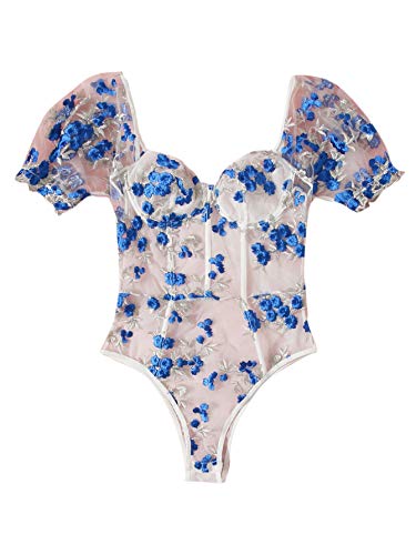 Floerns Women s Floral Embroidery Lingerie Sheer Mesh One Piece Teddy Bodysuit Blue and White M