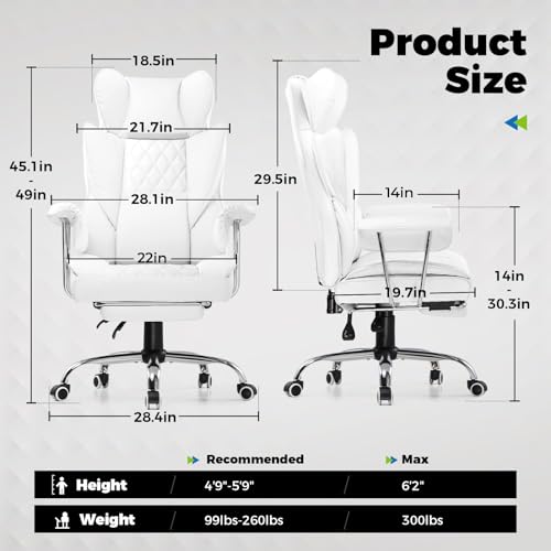 COMHOMA Big and Tall Office Chair, High Back Leather Gaming Chairs with Footrest, Executive Ergonomic Office Chair with Pocket Spring Lumbar Support and with Outward Fixed Soft Armrests