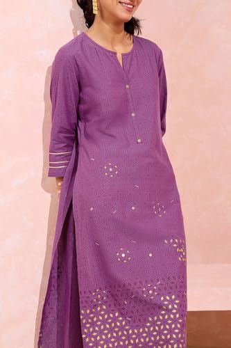 Image of Taneira Women Cotton Embroidered Purple Kurta for Women (KUAJ67PUM-Purple-M)