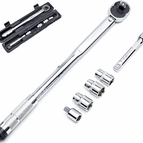 KATSU 1/2-Inch Drive Click Torque Wrench Socket Ratchet Handle 28-210Nm with 17 19 21mm Sockets + 1/2 Inch to 3/8 Inch Adaptor + 125mm Extension Bar 423900