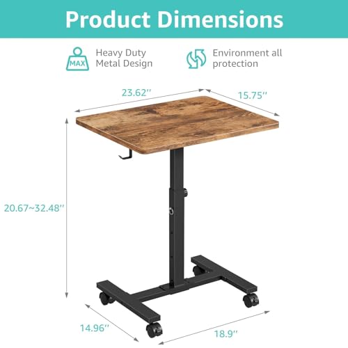 WINAZ Small Portable Laptop Rolling Desk - 24 Inch Mobile Computer Desk Adjustable Height on Wheels for Small Spaces, Couch Kids Desks End Side Table, Teacher Podium for Classroom, Rustic Brown by WINAZ - Used condition - Image 3