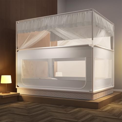 Tente de lit double avec baldaquin gris 150 cm et barrière antichute pour grand lit