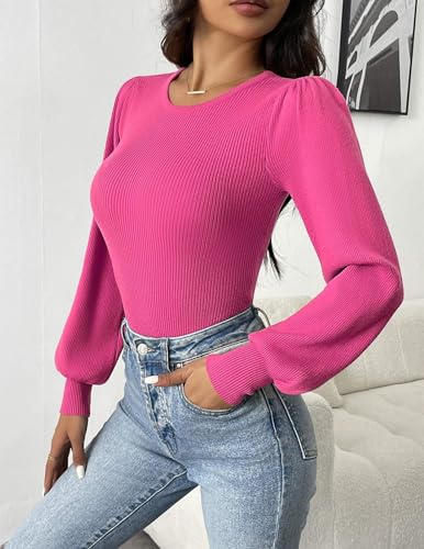 Image of Zeagoo Womens Sweaters Long Sleeve Bodysuits 2026 Fall Crewneck Puff Knit Pullover Tops