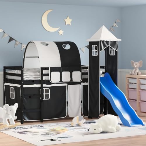 KLYEON Cama Alta niños con Torre Madera Pino Blanco Negro 90x190 cm,Cama Alta Infantil de Madera con Tobogán y Torre de Juegos Espacio Optimizado Camas y somieres