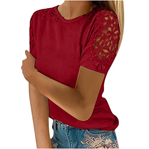 Cotton Tshirts For Women, Women's Summer Tops Womens Tee Shirts Women's Fashion Lace Hollow Solid Colour Round Neck Short Sleeve T-Shirttop Long Shirts For Women Tshirts For Women(Red,Medium) #TOP1