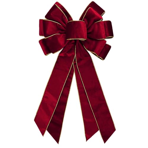 Large Vintage Dark Red Wreath Bow - 20 * 11inch Golden Edged Red Velvet Tree Topper Ornament for Xmas Home Outdoor Indoor Party