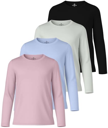 Image of Real Essentials 4 Pack: Girls' Dry-Fit Long Sleeve Crew Neck T-Shirt - Athletic Activewear Soccer Top for Teens Kids Youth