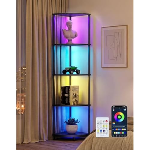 PARTPHONER Corner Shelf with LED Light, 5 Tier Smart Color Changing Floor Lamp with Remote, 62" Display Shelf Bookshelf Narrow Storage Rack Standing Lamp for Living Room Bedroom Home Office Décor