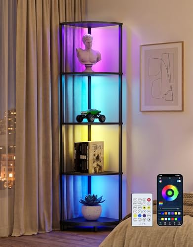 PARTPHONER Corner Shelf with LED Light 5 Tier Smart Color Changing Floor Lamp with Remote 62 Display Shelf Bookshelf Narrow Storage Rack Standing Lamp for Living Room Bedroom Home Office Dcor