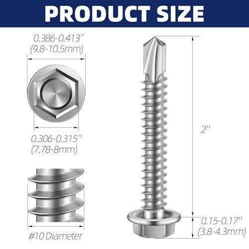 MewuDecor #10 x 2 (1/4" to 3" Available) Hex Washer Head Self Drilling Sheet Metal Screws with Drill Point, Stainless Steel 410, 50 PCS - Thumbnail 2