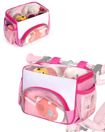 Marscamd Kids Front Bike Basket with Clear Top Cover Bicycle Basket Pink