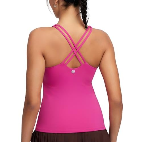 RUNNING GIRL Womens Workout Tank Tops with Built in Bra,Crisscross Back Padded Athletic Compression Shirts Yoga Tops(BX3183_Magenta_M)